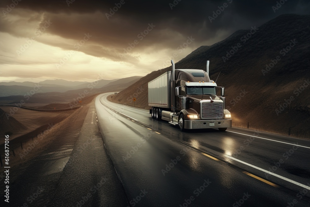 A modern truck on a highway. Generative AI.
