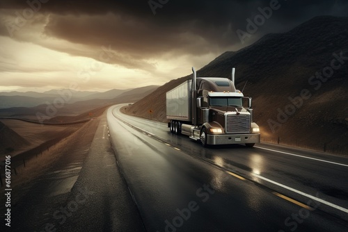 A modern truck on a highway. Generative AI.