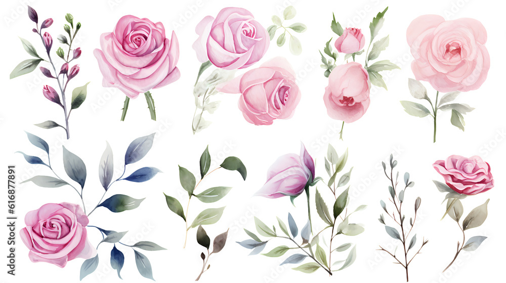 Watercolor elements pink roses, flowers, leaves, eucalyptus, branches set collection for wedding stationary, invitation card, greeting, wallpaper, fashion, isolated on transparent. generative ai