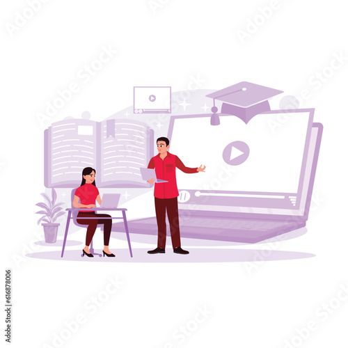 Students take part in online webinars using laptops. Concept of online education, e-learning and online courses. Trend Modern vector flat illustration.