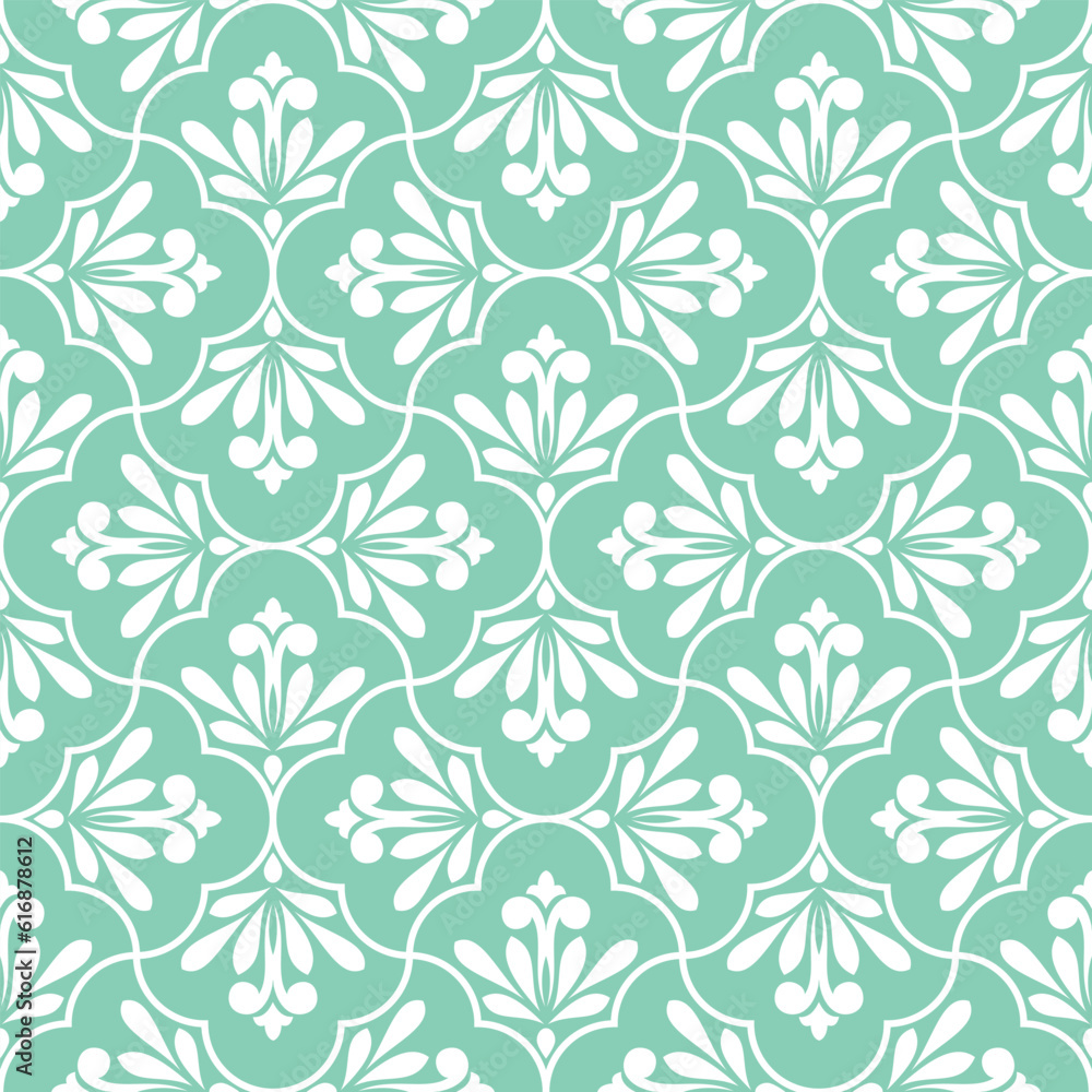 Flower geometric pattern. Seamless vector background. Green and white ornament