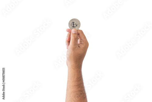 close-up hand of man holding crypto coin copy space isolated on white background. Blockchain technology finance in future. Male hand hold Bitcoin. concept about business, finance, trade, economy.