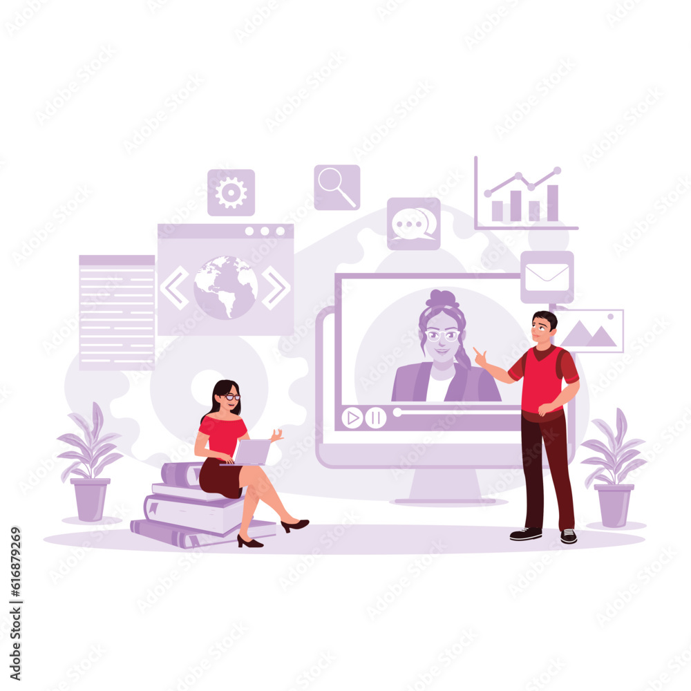 Concept of online education and e-learning for college students. Distance learning using a computer and internet connection. Trend Modern vector flat illustration.
