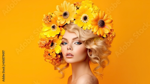 Beautiful model with flowers at hair on yellow backgroundd. Perfect woman face makeup close up. Lipstick. Perfect skin.