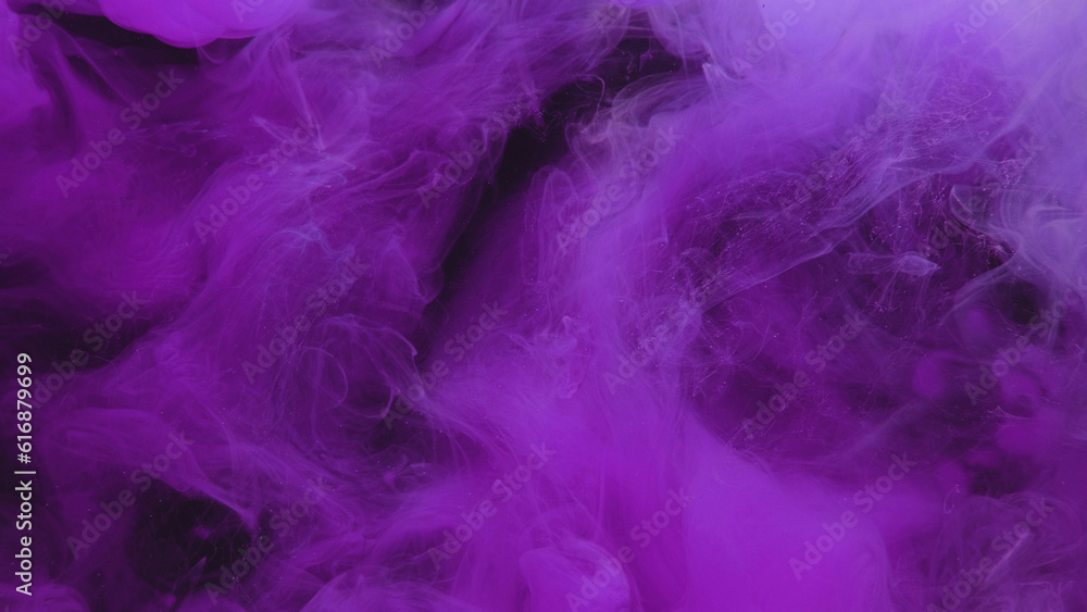 Color smoke texture. Paint water. Ethereal vapor. Bright neon purple pigment fume mist cloud wave on dark black abstract art background.