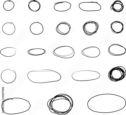 Hand drawn ovals and circles. Circle frames. Ellipses in doodle style. Vector illustration isolated on transparent background.