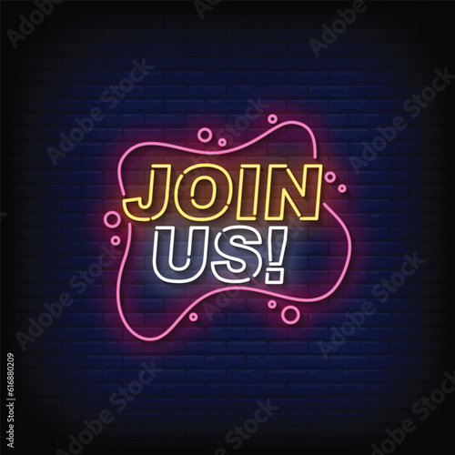 Neon Sign join us with brick wall background vector