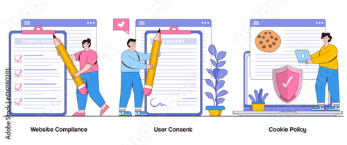 Website Compliance, User Consent, Cookie Policy Concept with Character. Digital Privacy Abstract Vector Illustration Set. Data Tracking, Cookie Compliance Metaphor