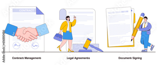 Contract Management, Legal Agreements, Document Signing Concept with Character. Business Contract Abstract Vector Illustration Set. Agreement Validation, Legal Obligations Metaphor