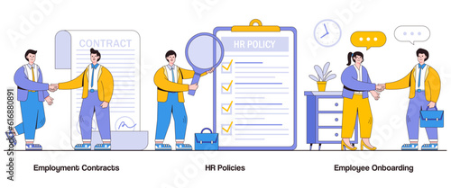 Employment Contracts, HR Policies, Employee Onboarding Concept with Character. Workplace Compliance Abstract Vector Illustration Set. Hiring Process, Policy Awareness, Employee Rights Metaphor