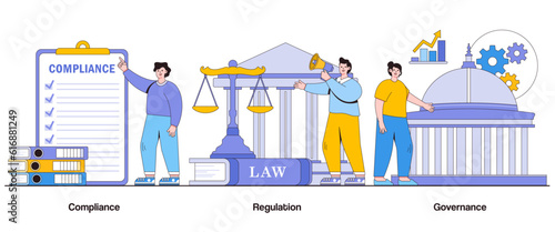Compliance, Regulation, and Governance Concept with Character. Corporate Compliance Abstract Vector Illustration Set. Ethical Standards, Industry Guidelines, and Legal Obligations Metaphor