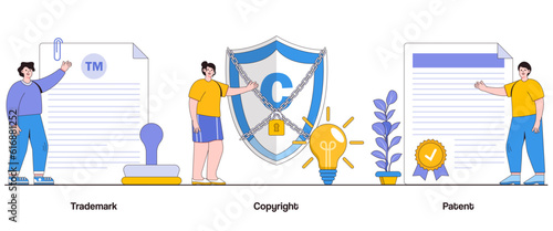 Trademark, Copyright, and Patent Concept with Character. Intellectual Property Abstract Vector Illustration Set. Innovation, Creativity, and Protection Metaphor