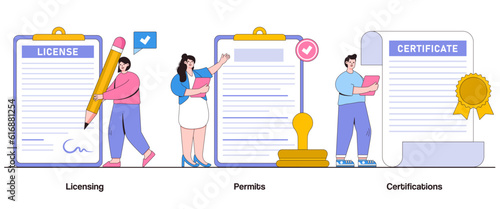 Licensing, Permits, and Certifications Concept with Character. Regulatory Compliance Abstract Vector Illustration Set. Accreditation, Authorization, and Industry Standards Metaphor