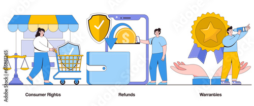 Consumer Rights, Refunds, and Warranties Concept with Character. Customer Protection Abstract Vector Illustration Set. Satisfaction, Assurance, and Fair Treatment Metaphor
