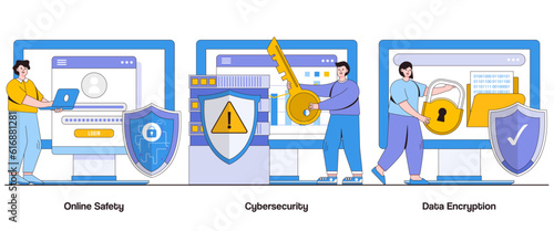 Online Safety, Cybersecurity, and Data Encryption Concept with Character. Digital Security Abstract Vector Illustration Set. Privacy, Protection, and Threat Prevention Metaphor