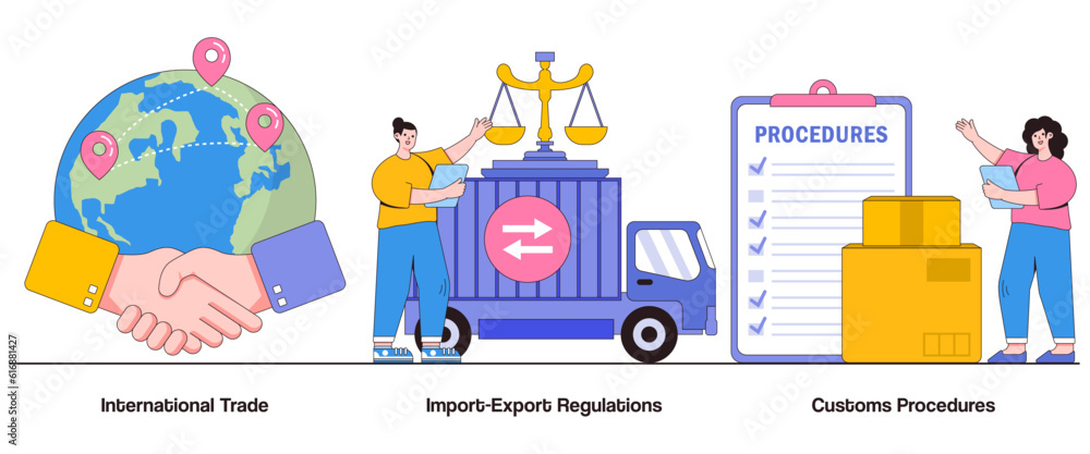 International Trade, Import-Export Regulations, and Customs Procedures Concept with Character. Global Commerce Abstract Vector Illustration Set. Cross-Border Transactions, Customs Clearance Metaphor