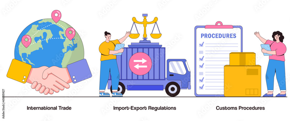 Naklejka premium International Trade, Import-Export Regulations, and Customs Procedures Concept with Character. Global Commerce Abstract Vector Illustration Set. Cross-Border Transactions, Customs Clearance Metaphor