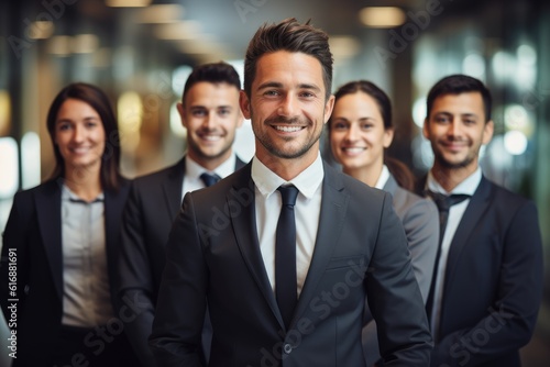 confident business team posing with it's leader at a corporate office.