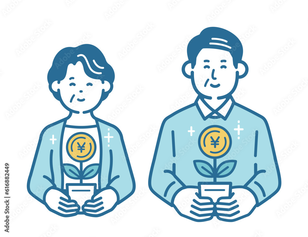 Illustration of an elderly couple raising cash Illustration of an elderly couple raising cash