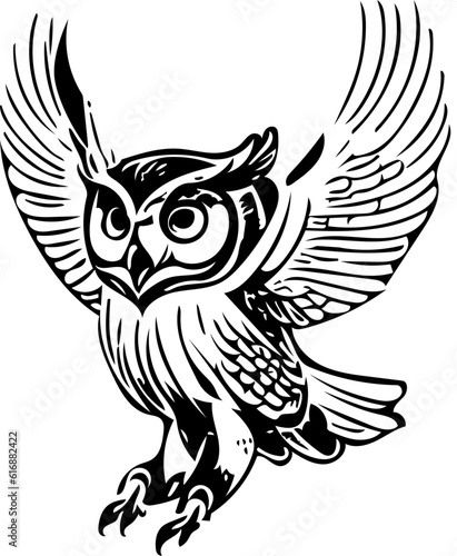 Owl flying vector illustration | Silhouette of an owl black and white | Digital art illustration 