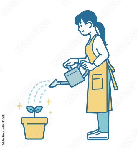 Illustration of a woman watering plants
