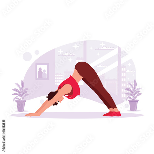 The young woman is doing yoga against a tall building in the background. Trend Modern vector flat illustration.