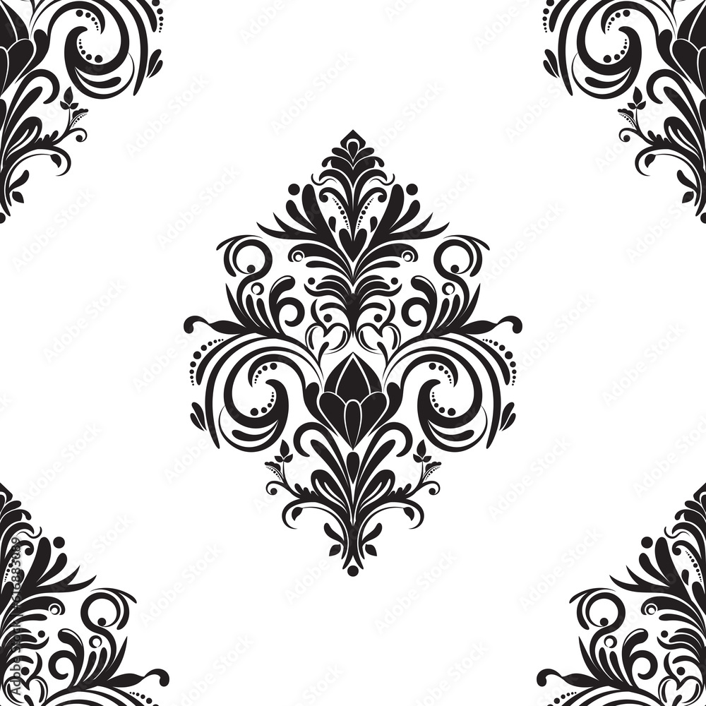 Damask floral motif tile pattern. Luxury wallpaper texture ornament decor. Baroque Textile, fabric, tiles. Isolated on Transparent background.