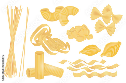 Italian pasta mega set in graphic flat design. Bundle elements of spaghetti, macaroni, noodle, farfalle, conchiglie, fettuccine and other uncooked product types. Vector illustration isolated objects