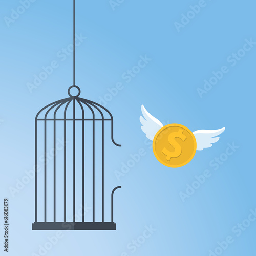 Dollar flying out from a large birdcage.