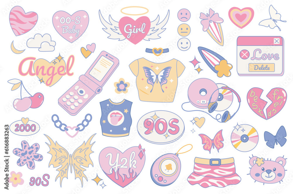 Y2k and 90s vintage style objects mega set in graphic flat design. Bundle elements of pink hearts, smiles, butterflies, mobile phone, t-shirt, cd player, other. Vector illustration isolated stickers