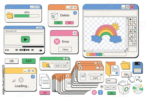 Windows browser objects mega set in graphic flat design. Bundle elements of 80s 90s retro style of computer windows of loading files, player and other templates. Vector illustration isolated stickers