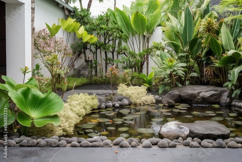 Simple minimalist garden with small waterfall. Generative AI