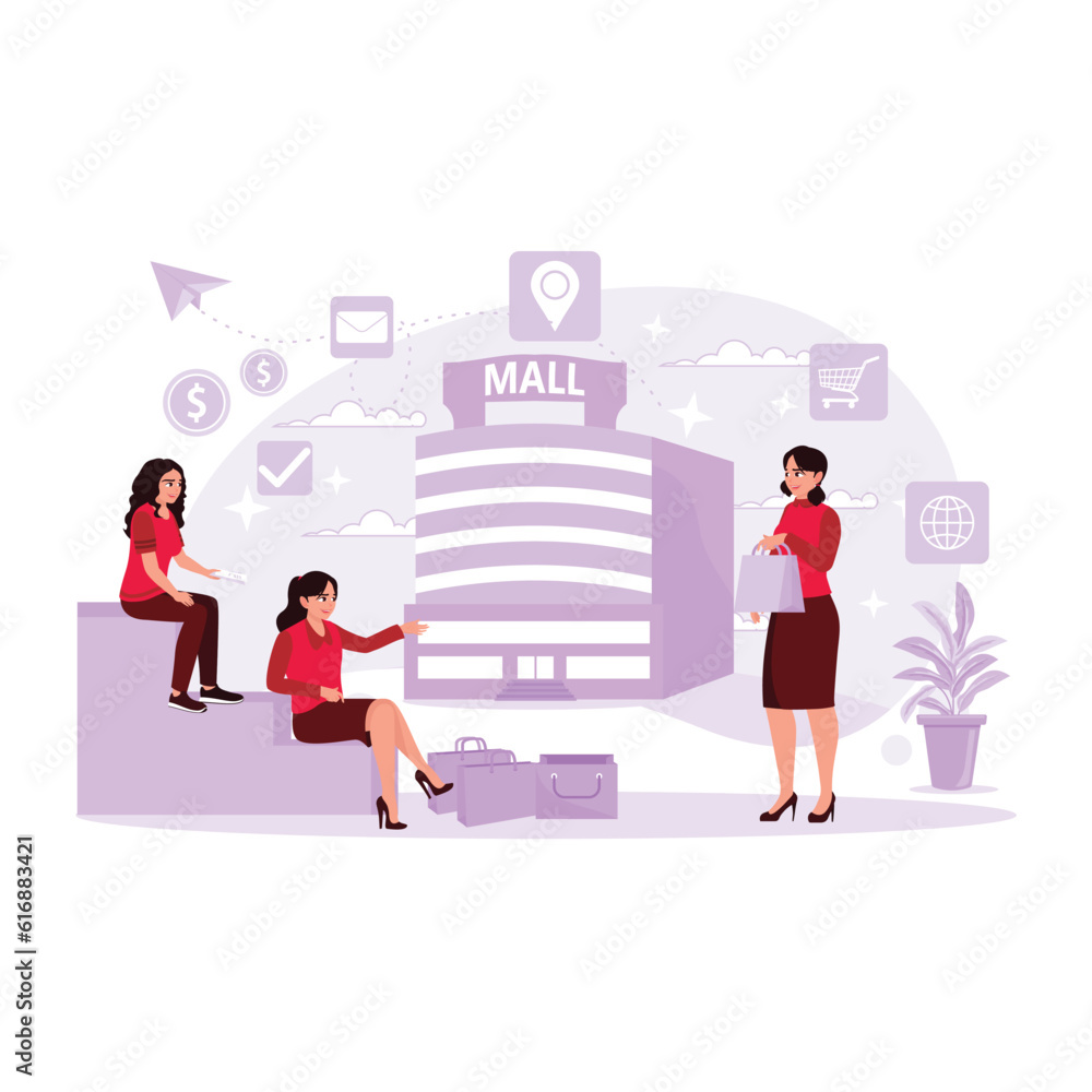 Portrait of a big mall with three young girls chatting and carrying shopping bags. Trend Modern vector flat illustration. Portrait of a big mall with three young girls chatting and carrying shopping bags. Trend Modern vector flat illustration.