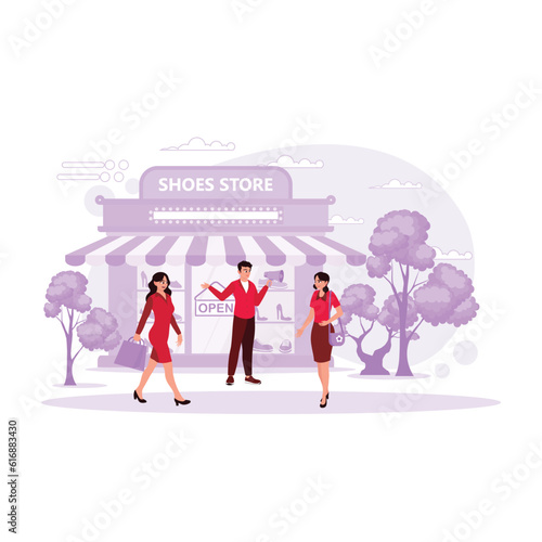 Shoe shop with a male salesperson and two smiling female customers. Trend Modern vector flat illustration.