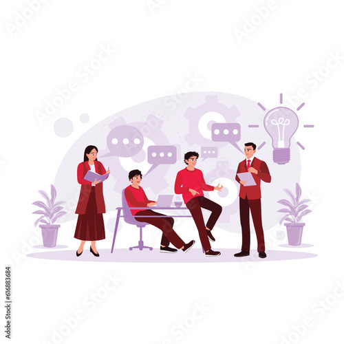 The creative team holds meetings, discusses, solves problems and discusses business proposals. Trend Modern vector flat illustration.