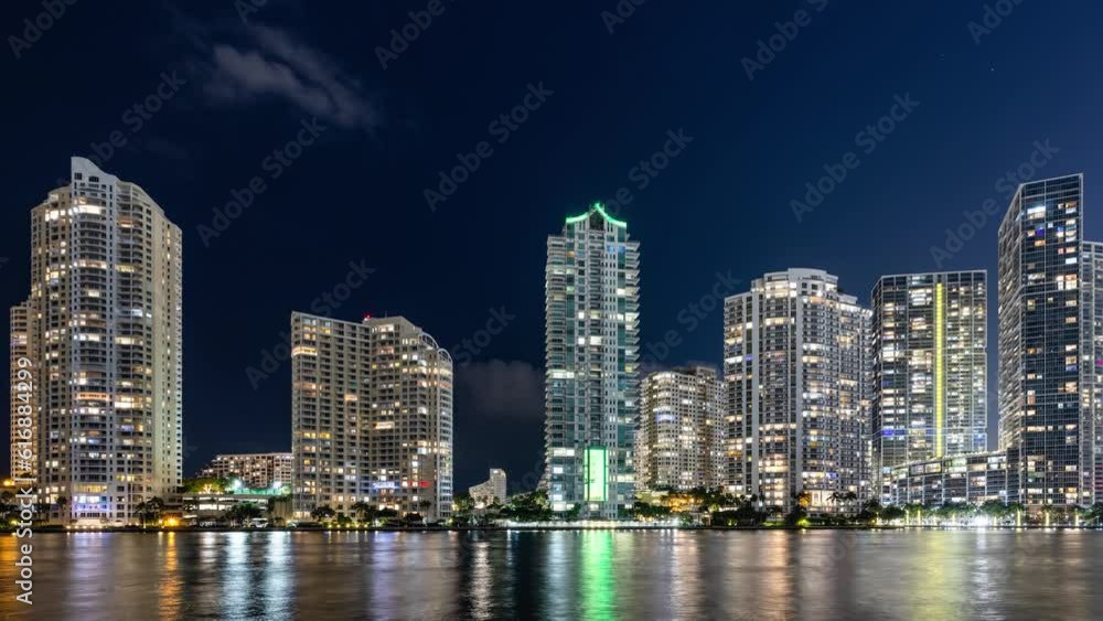 Night time lapse of the ocean and skyline of downtown Miami Florida Night time lapse of the ocean and skyline of downtown Miami Florida