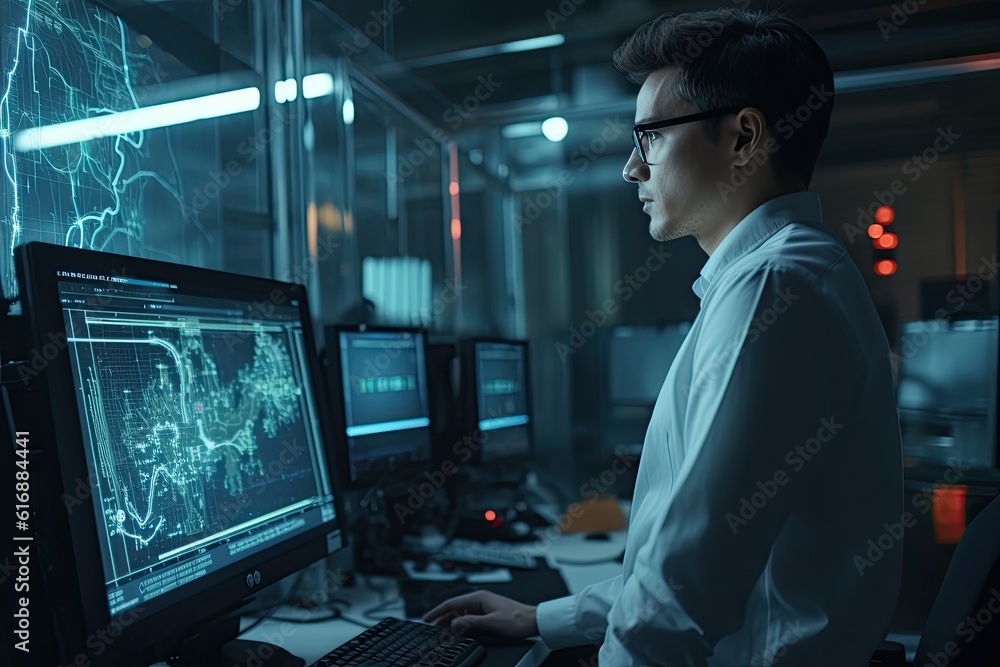 Engineer working on computer in control room. Engineering and technology concept Engineer working on computer in control room. Engineering and technology concept