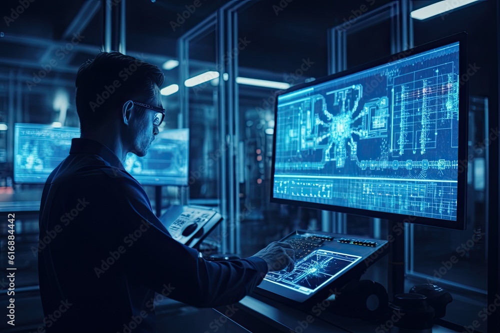 Engineer working on computer in control room. Engineering and technology concept Engineer working on computer in control room. Engineering and technology concept