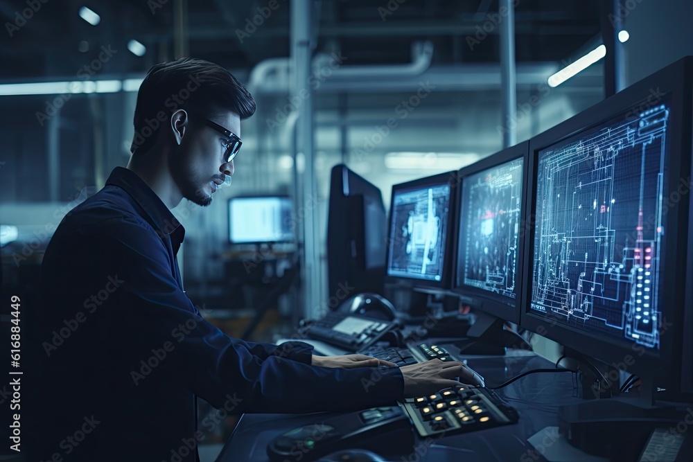 Engineer working on computer in control room. Engineering and technology concept Engineer working on computer in control room. Engineering and technology concept