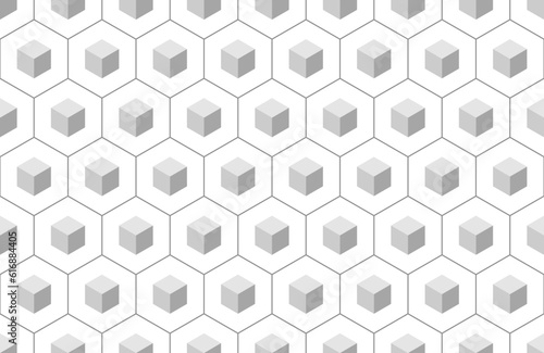 Grey 3d cube in hexagon geometric seamless pattern. Vector Repeating Texture.
