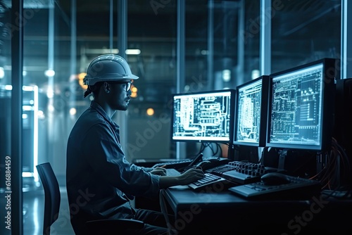 Engineer working on computer in control room. Engineering and technology concept