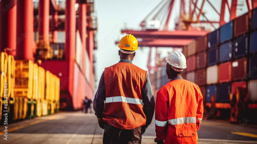 Staff worker working in cargo crane shipping logistic port , Staff standing at a port container ship is thinking about something , Created with Generative Ai Technology Staff worker working in cargo crane shipping logistic port , Staff standing at a port container ship is thinking about something , Created with Generative Ai Technology