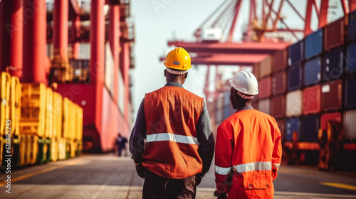 Staff worker working in cargo crane shipping logistic port , Staff standing at a port container ship is thinking about something , Created with Generative Ai Technology © Atchariya63