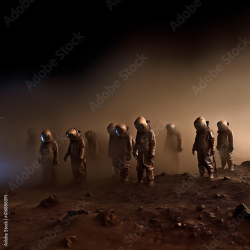 A group of astronauts on the ground of an alien planet, surreal scene
