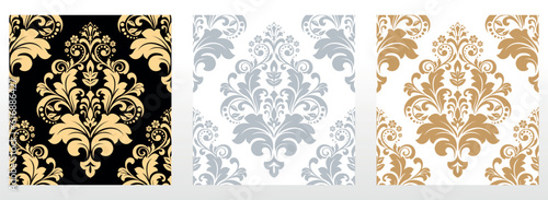 Wallpapers in the style of Baroque. Seamless vector backgrounds. Set of colored floral ornaments. Graphic patterns for fabric, wallpaper, packaging. Ornate Damask flower ornaments