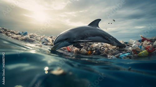 Dolphin amidst ocean contamination, water bottles, raising awareness, with discarded plastic bottles, floating trash, impact of pollution on marine life, plastic waste, against contamination
