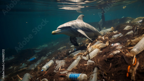 Dolphin amidst ocean contamination, water bottles, raising awareness, with discarded plastic bottles, floating trash, impact of pollution on marine life, plastic waste, against contamination