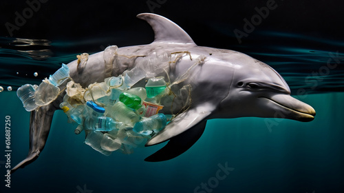 Dolphin amidst ocean contamination, water bottles, raising awareness, with discarded plastic bottles, floating trash, impact of pollution on marine life, plastic waste, against contamination