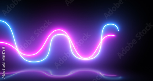 Abstract bright neon purple and blue energy light disco lines with reflections abstract background