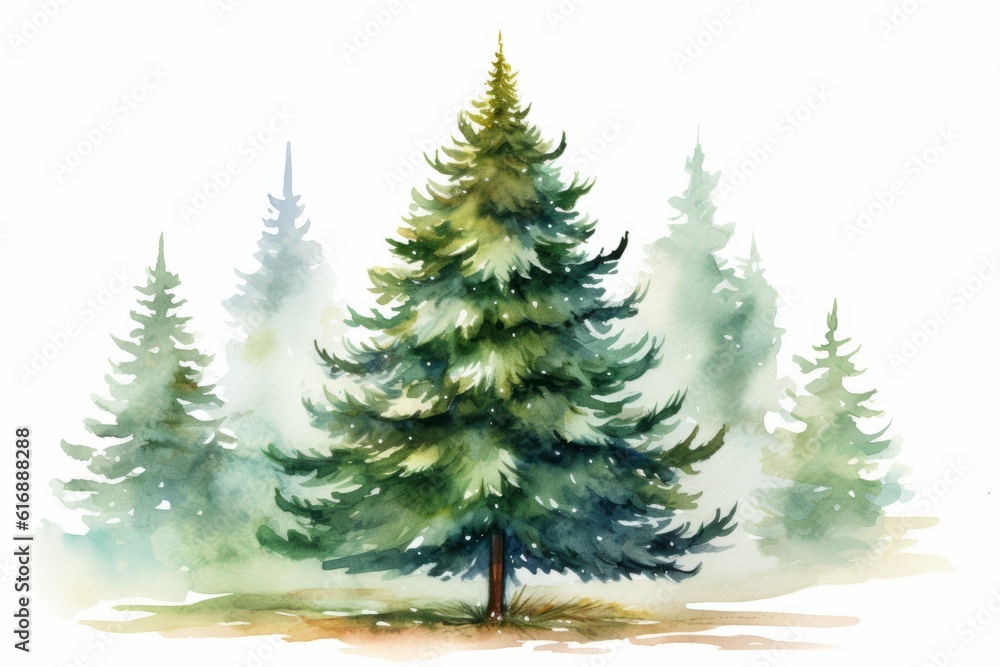 Colorful Christmas watercolor trees on the white background. A lot of fir-trees. Decorative wallpaper, good for printing. Happy New Year. Winter time